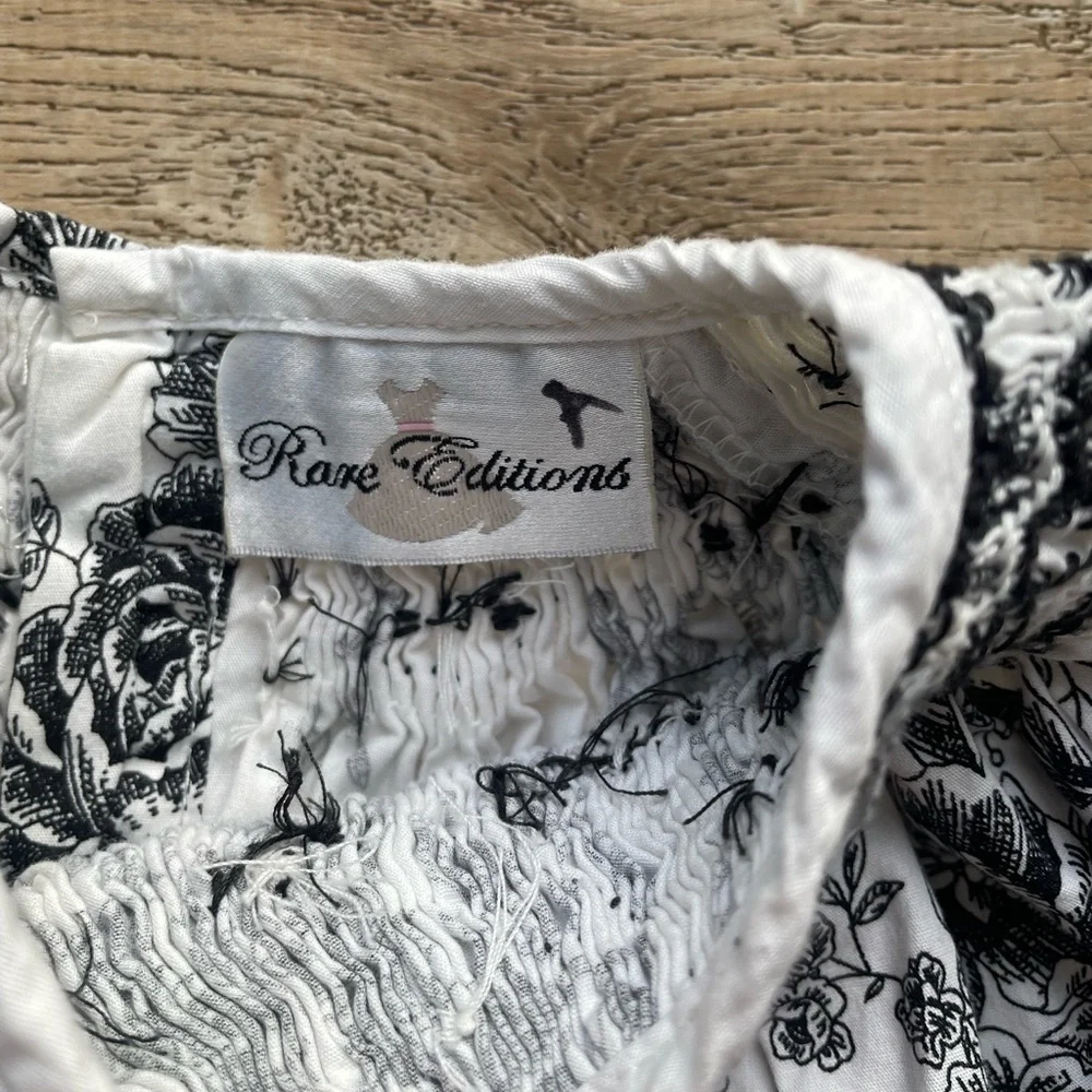 Rare Editions Black White Floral Smocked Long Sleeve Dress Vintage Cottagecore
